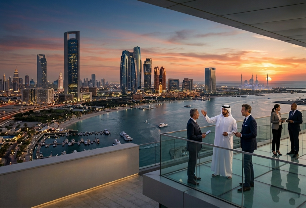 Executive leaders overlooking Abu Dhabi from a boardroom terrace